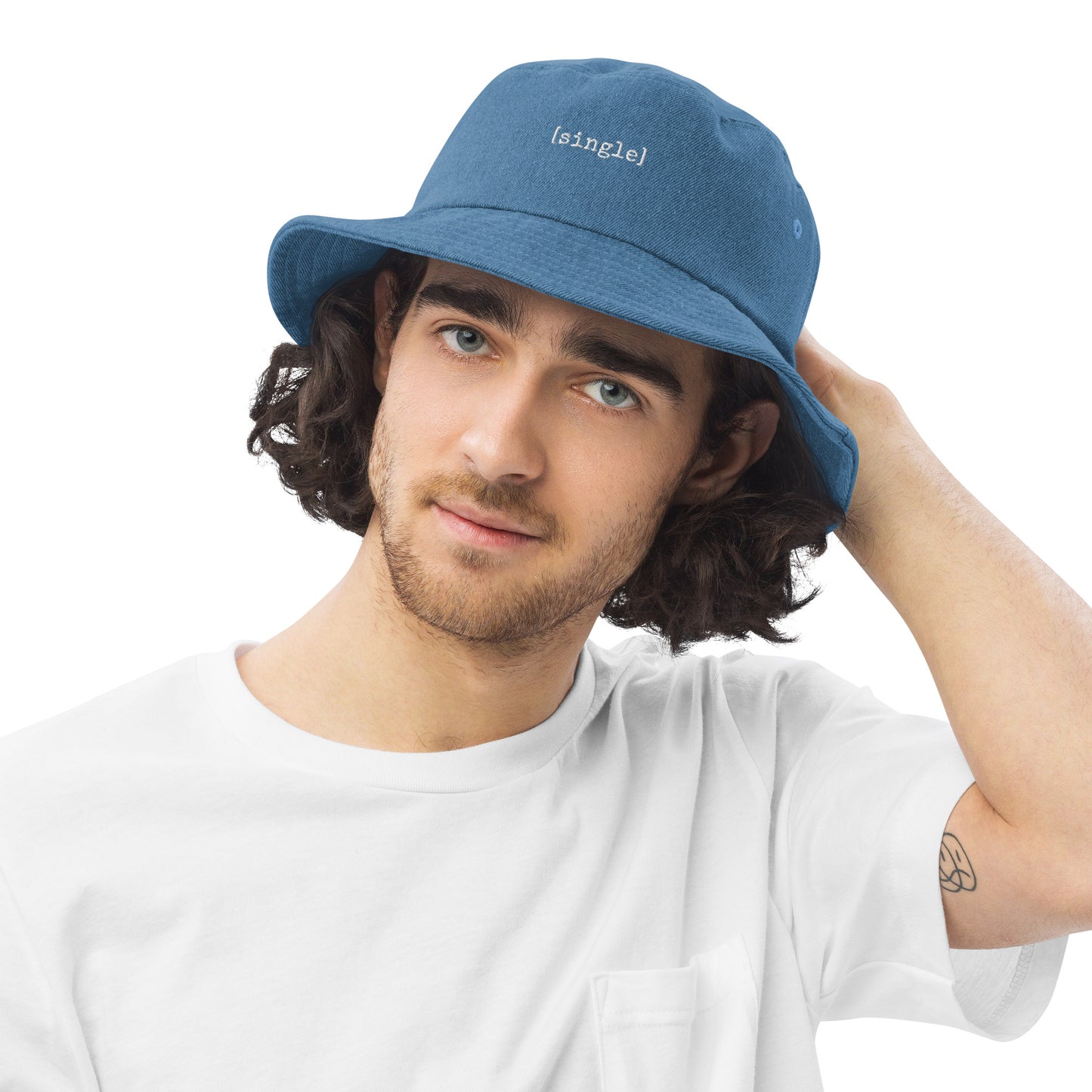 The [single] Project - White Embroidery / Denim Bucket Hat